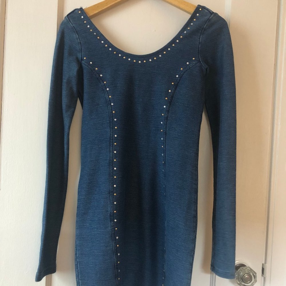 Sexy Stretch Denim Long Sleeved Open Back Short Dress